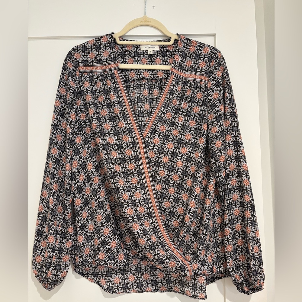 Max Studio Black and Orange Geometric Blouse